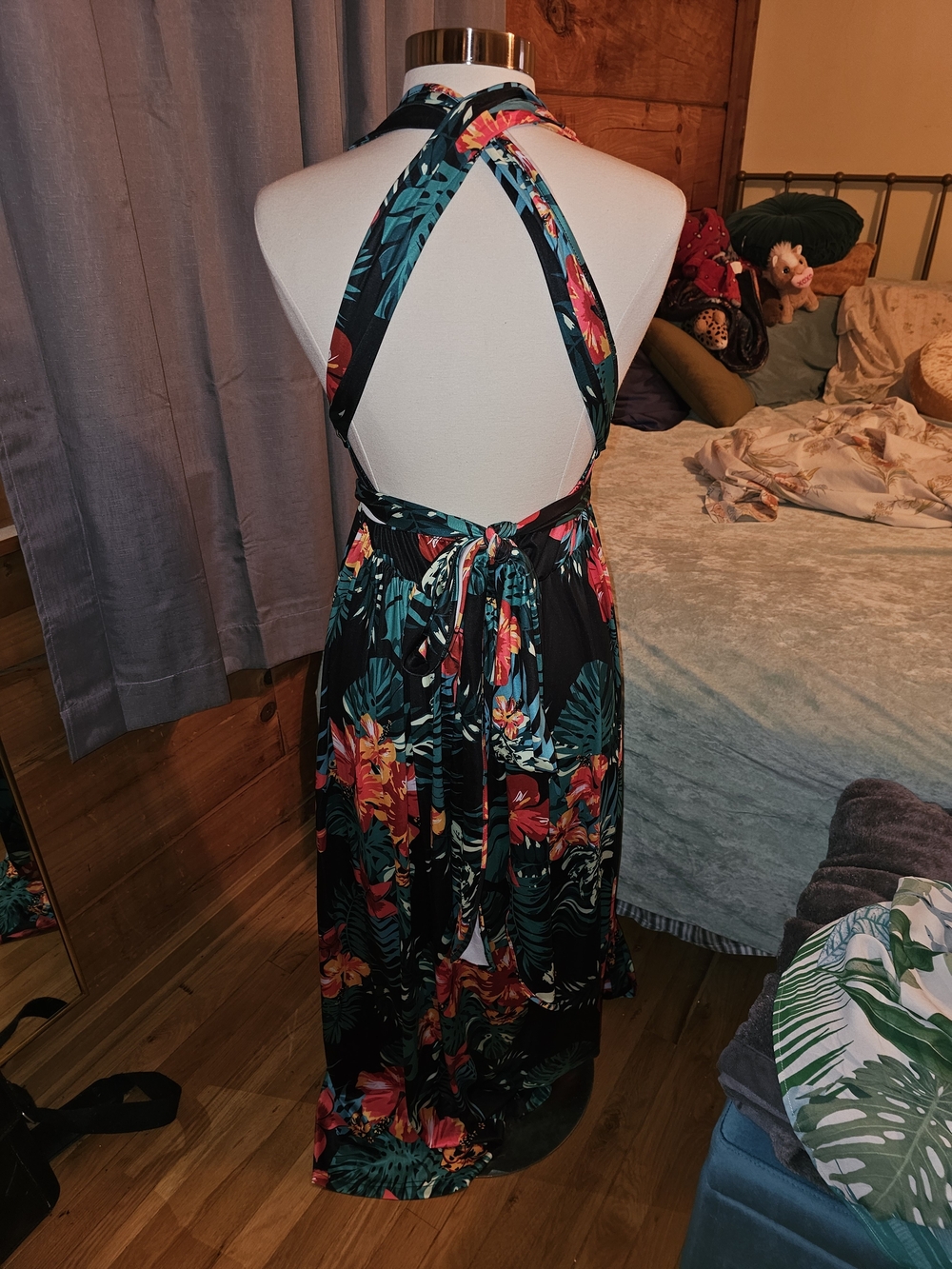 Halter Floral Maxi Dress in Black with Green & Pink Tropical Print - Picture 3 of 3
